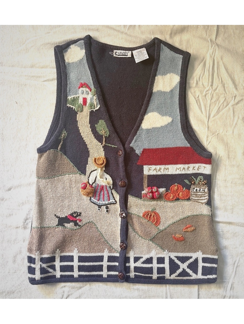 Cottage Fall Vintage Capacity Farm Market Knit Vest Sweater Large #grandmacore